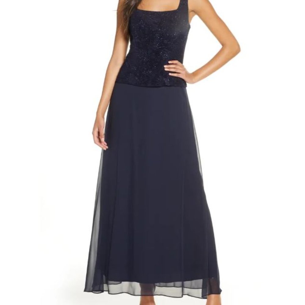 Alex Evenings Women's Jacquard Sequenced top Maxi Event Dress Dark Blue Size 14